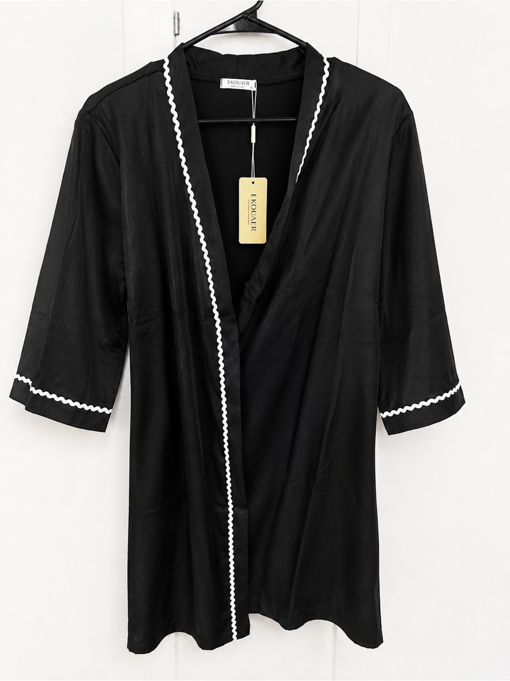 NWT Ekouaer Black Satin Robe Cover-Up w/ White Trim Size S